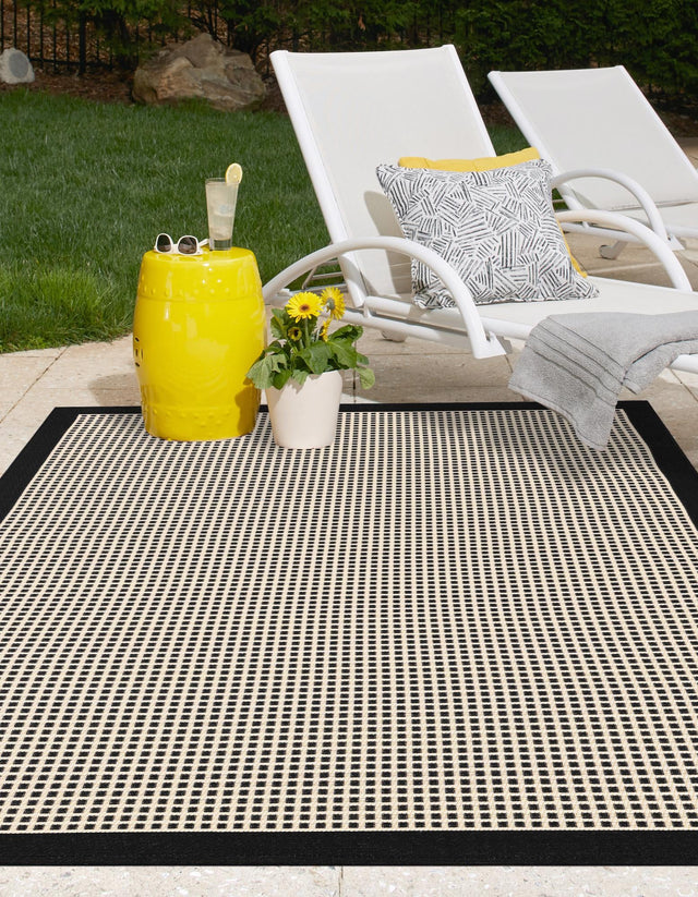 Black 6' 1 x 9' Outdoor Border Rectangle Area Rug Weather Resistant for Patio, Deck, Terrace, Balcony, Porch 100% Polypropylene Classic Bordered Carpet for Sale at Rug Engine