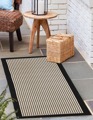 Black 2' x 6' 1 Outdoor Border Runner Area Rug Weather Resistant for Patio, Deck, Terrace, Balcony, Porch 100% Polypropylene Classic Bordered Carpet for Sale at Rug Engine
