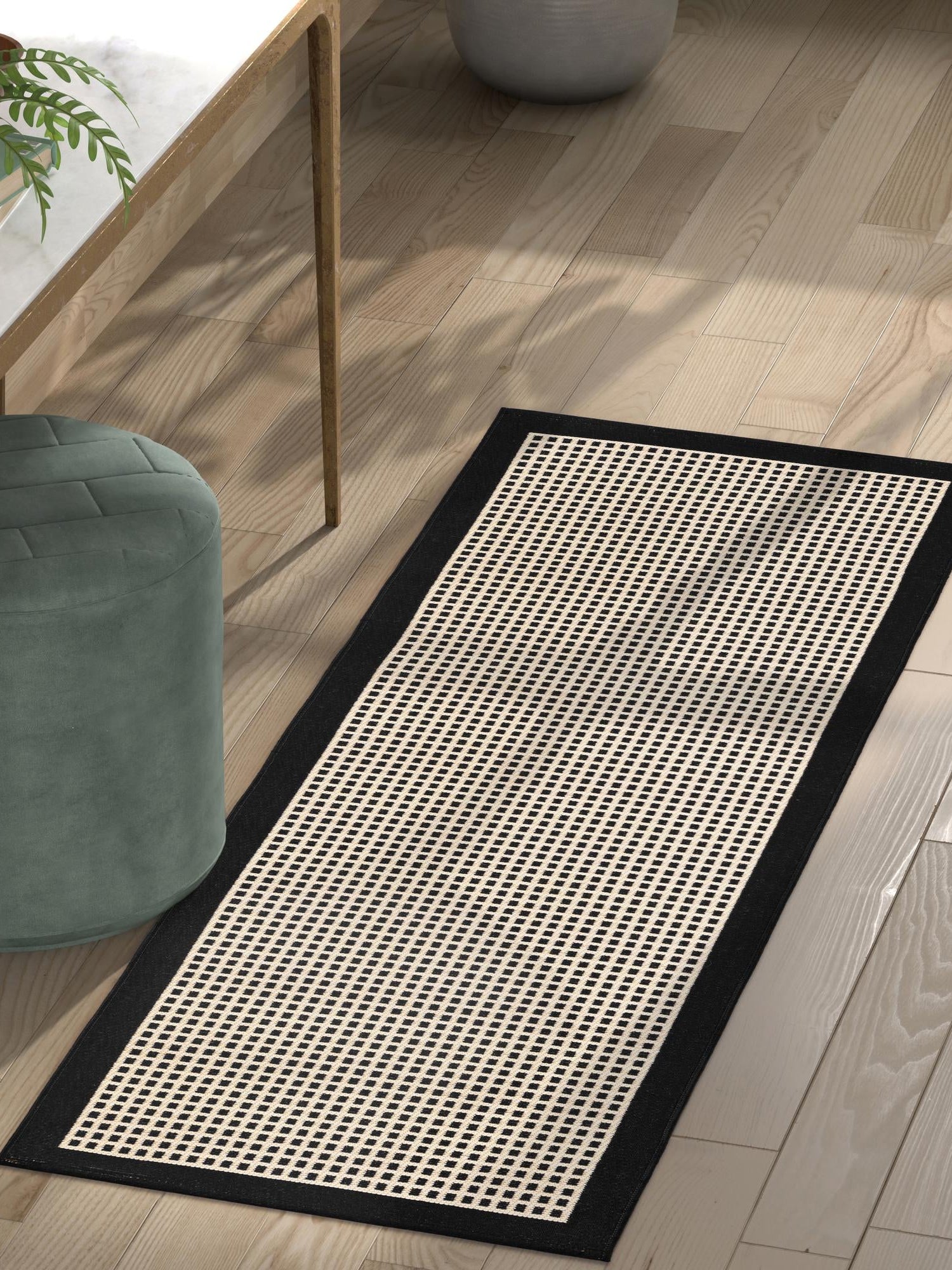 Black 2' 7 x 10' Outdoor Border Runner Area Rug Weather Resistant for Patio, Deck, Terrace, Balcony, Porch