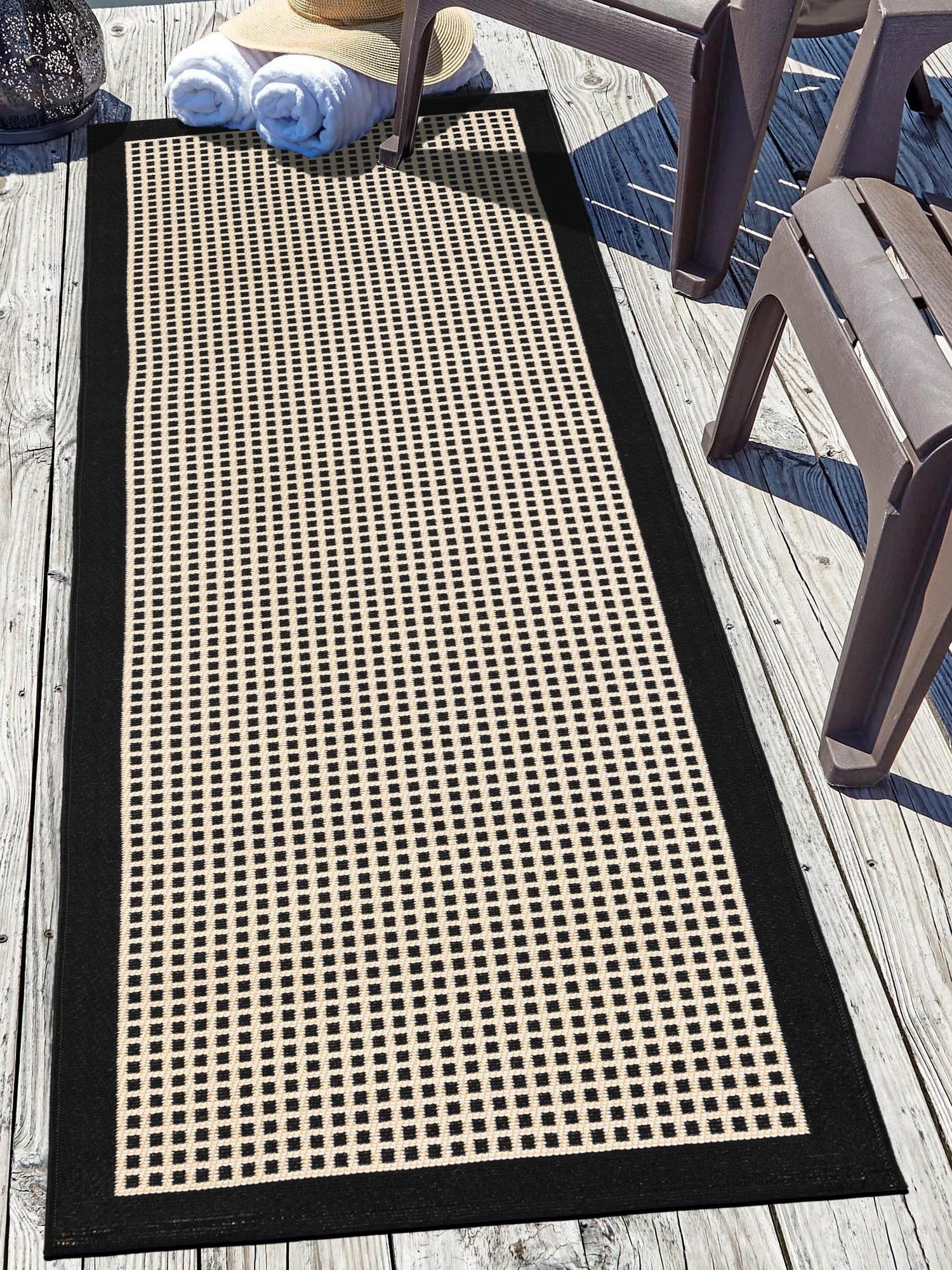 Black 2' x 5' 1 Outdoor Border Runner Area Rug Weather Resistant for Patio, Deck, Terrace, Balcony, Porch 100% Polypropylene Classic Bordered Carpet for Sale at Rug Engine