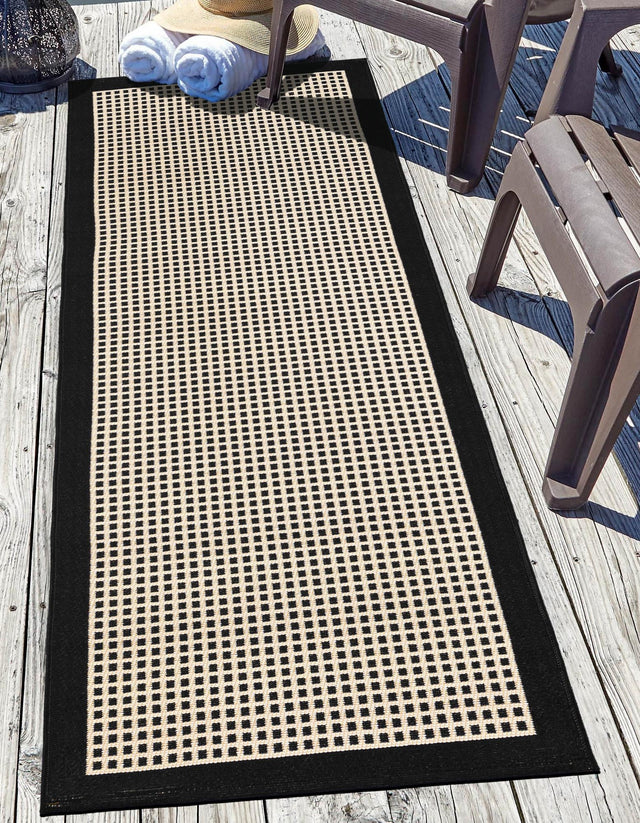 Black 2' 7 x 12' Outdoor Border Runner Area Rug Weather Resistant for Patio, Deck, Terrace, Balcony, Porch