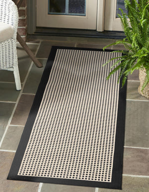 Black 2' x 8' Outdoor Border Runner Area Rug Weather Resistant for Patio, Deck, Terrace, Balcony, Porch 100% Polypropylene Classic Bordered Carpet for Sale at Rug Engine