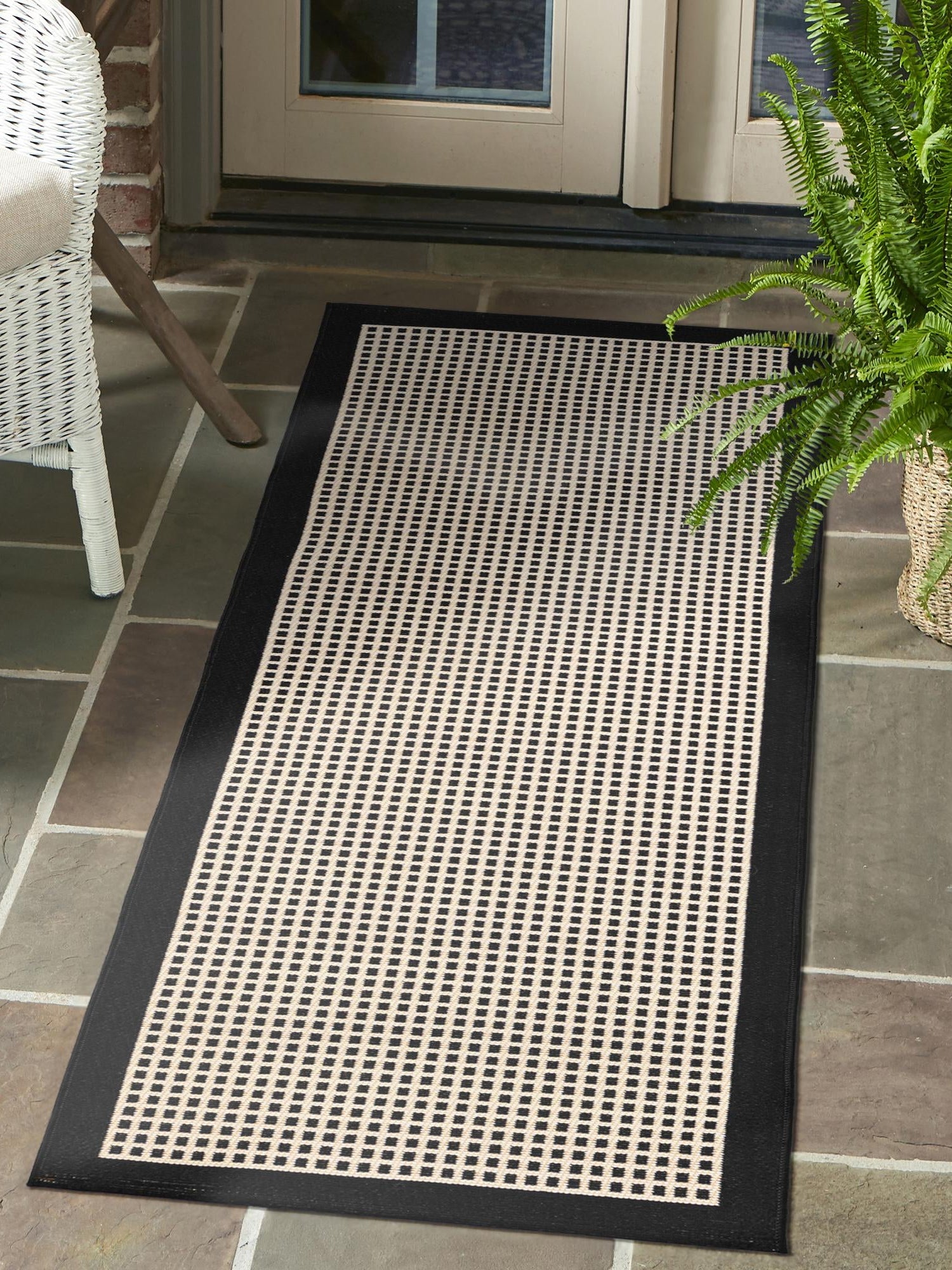 Black 2' x 5' 1 Outdoor Border Runner Area Rug Weather Resistant for Patio, Deck, Terrace, Balcony, Porch 100% Polypropylene Classic Bordered Carpet for Sale at Rug Engine