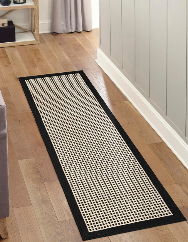 Black 2' 7 x 12' Outdoor Border Runner Area Rug Weather Resistant for Patio, Deck, Terrace, Balcony, Porch