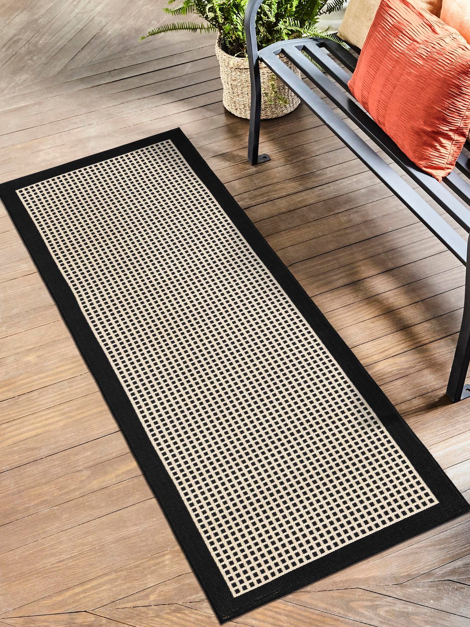 Black 2' 7 x 10' Outdoor Border Runner Area Rug Weather Resistant for Patio, Deck, Terrace, Balcony, Porch