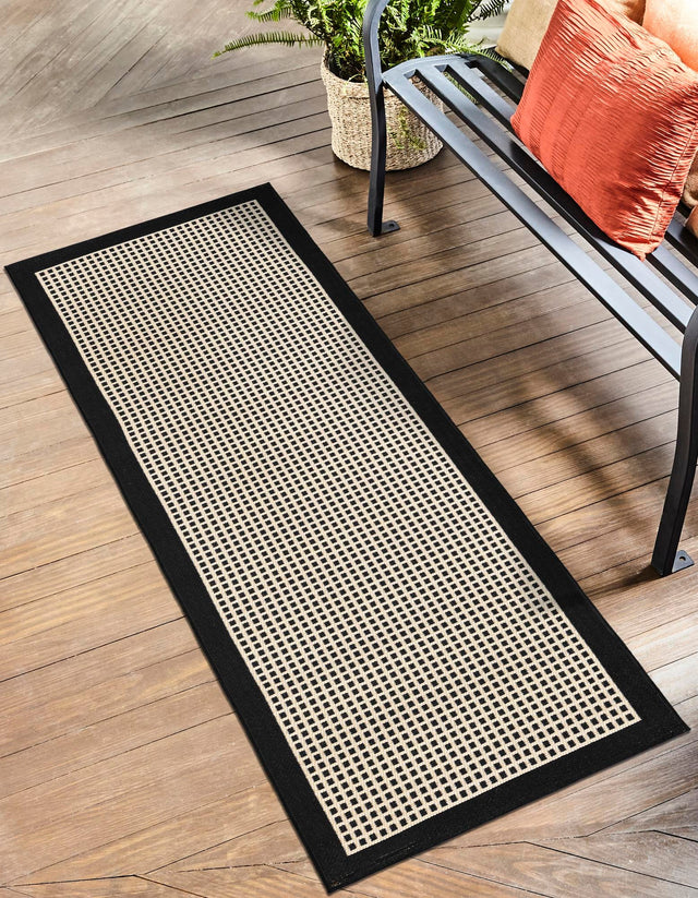 Black 2' 7 x 12' Outdoor Border Runner Area Rug Weather Resistant for Patio, Deck, Terrace, Balcony, Porch
