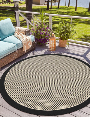 Black 3' 1 x 3' 1 Outdoor Border Round Area Rug Weather Resistant for Patio, Deck, Terrace, Balcony, Porch 100% Polypropylene Classic Bordered Carpet for Sale at Rug Engine