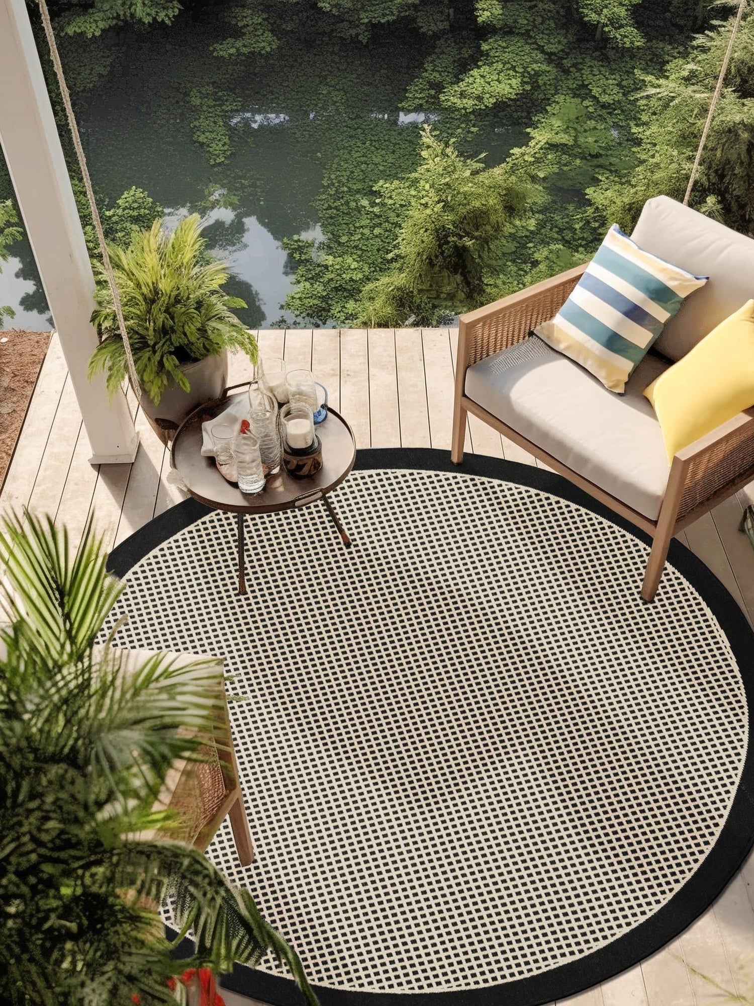 Black 3' 1 x 3' 1 Outdoor Border Round Area Rug Weather Resistant for Patio, Deck, Terrace, Balcony, Porch 100% Polypropylene Classic Bordered Carpet for Sale at Rug Engine