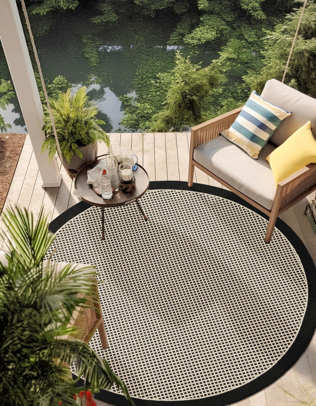 Black 3' 1 x 3' 1 Outdoor Border Round Area Rug Weather Resistant for Patio, Deck, Terrace, Balcony, Porch 100% Polypropylene Classic Bordered Carpet for Sale at Rug Engine