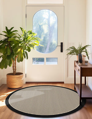 Black 7' 10 x 7' 10 Outdoor Border Round Area Rug Weather Resistant for Patio, Deck, Terrace, Balcony, Porch 100% Polypropylene Classic Bordered Carpet for Sale at Rug Engine