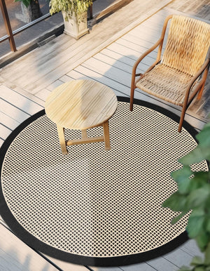 Black 7' 10 x 7' 10 Outdoor Border Round Area Rug Weather Resistant for Patio, Deck, Terrace, Balcony, Porch 100% Polypropylene Classic Bordered Carpet for Sale at Rug Engine