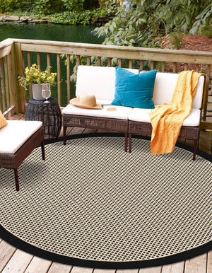 Black 4' 1 x 4' 1 Outdoor Border Round Area Rug Weather Resistant for Patio, Deck, Terrace, Balcony, Porch 100% Polypropylene Classic Bordered Carpet for Sale at Rug Engine