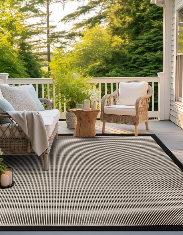 Black 10' x 10' Outdoor Border Square Area Rug Weather Resistant for Patio, Deck, Terrace, Balcony, Porch 100% Polypropylene Classic Bordered Carpet for Sale at Rug Engine