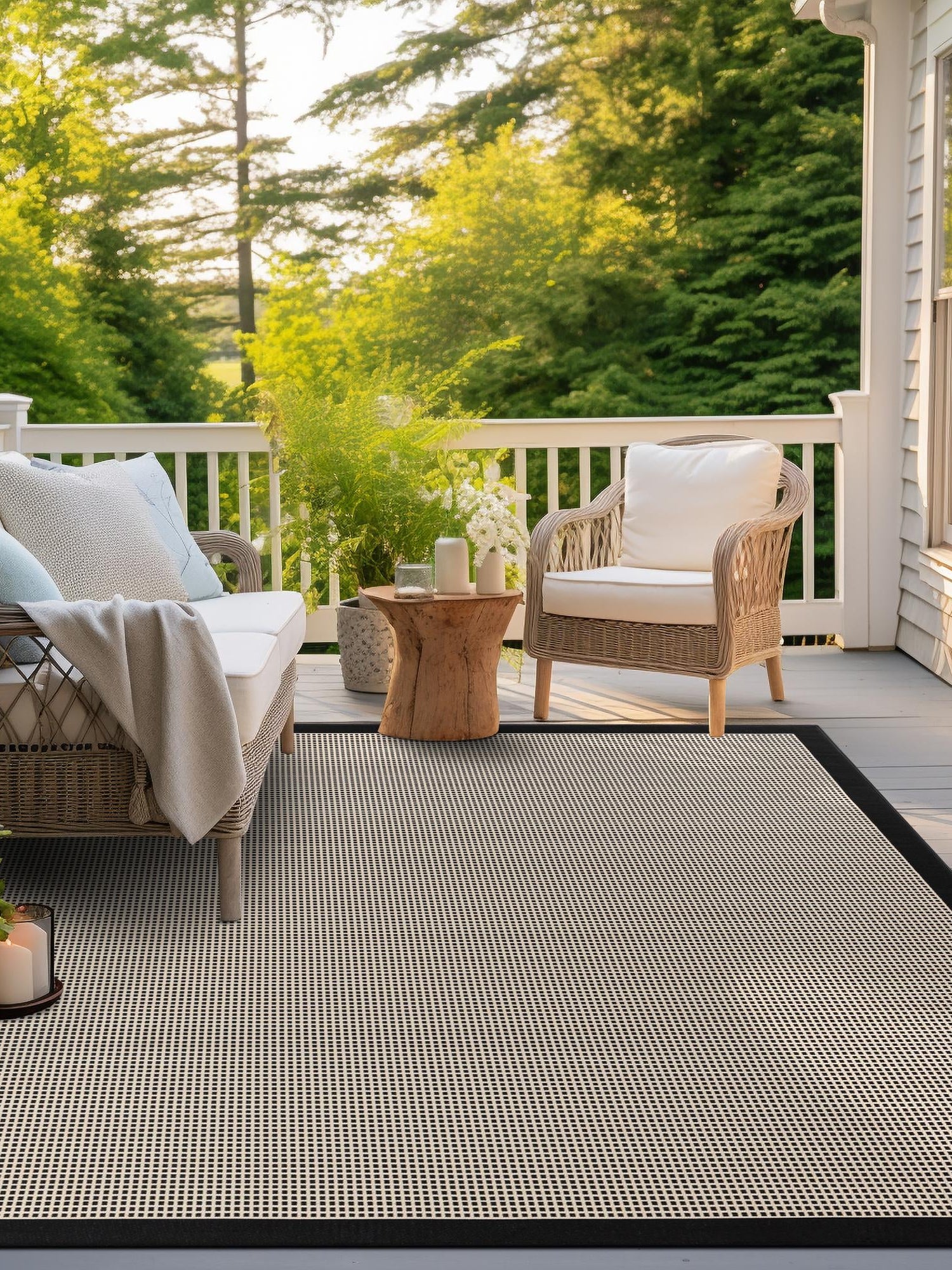 Black 7' 10 x 7' 10 Outdoor Border Square Area Rug Weather Resistant for Patio, Deck, Terrace, Balcony, Porch 100% Polypropylene Classic Bordered Carpet for Sale at Rug Engine
