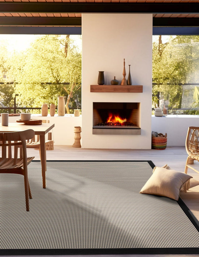 Black 10' x 10' Outdoor Border Square Area Rug Weather Resistant for Patio, Deck, Terrace, Balcony, Porch 100% Polypropylene Classic Bordered Carpet for Sale at Rug Engine