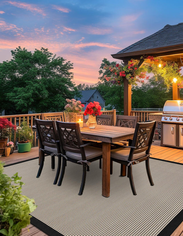 Black 10' x 10' Outdoor Border Square Area Rug Weather Resistant for Patio, Deck, Terrace, Balcony, Porch 100% Polypropylene Classic Bordered Carpet for Sale at Rug Engine