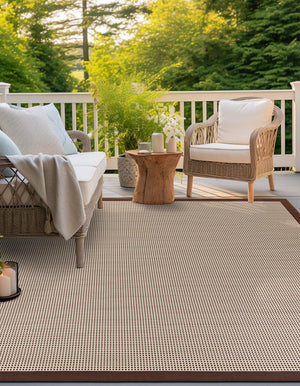 Brown 10' x 10' Outdoor Border Square Area Rug Weather Resistant for Patio, Deck, Terrace, Balcony, Porch 100% Polypropylene Classic Bordered Carpet for Sale at Rug Engine