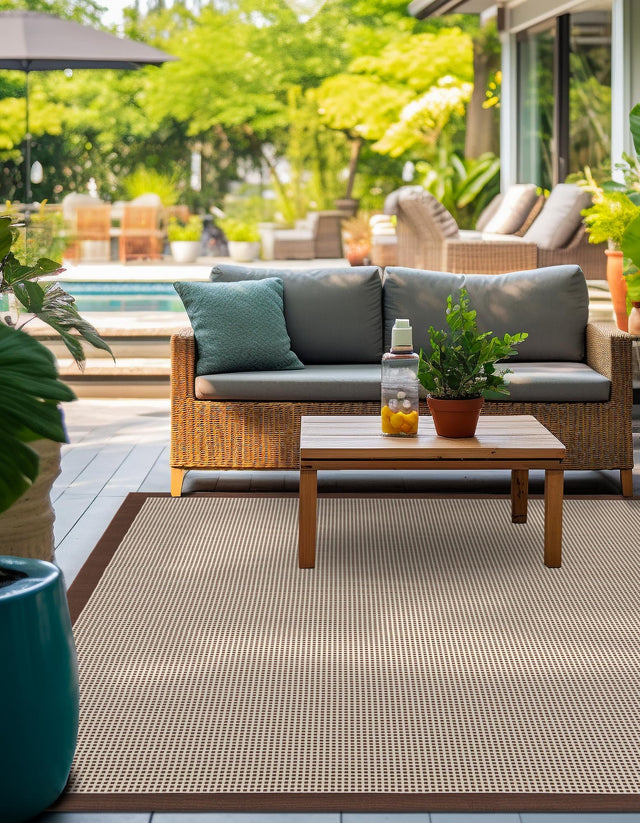 Brown 10' x 10' Outdoor Border Square Area Rug Weather Resistant for Patio, Deck, Terrace, Balcony, Porch 100% Polypropylene Classic Bordered Carpet for Sale at Rug Engine