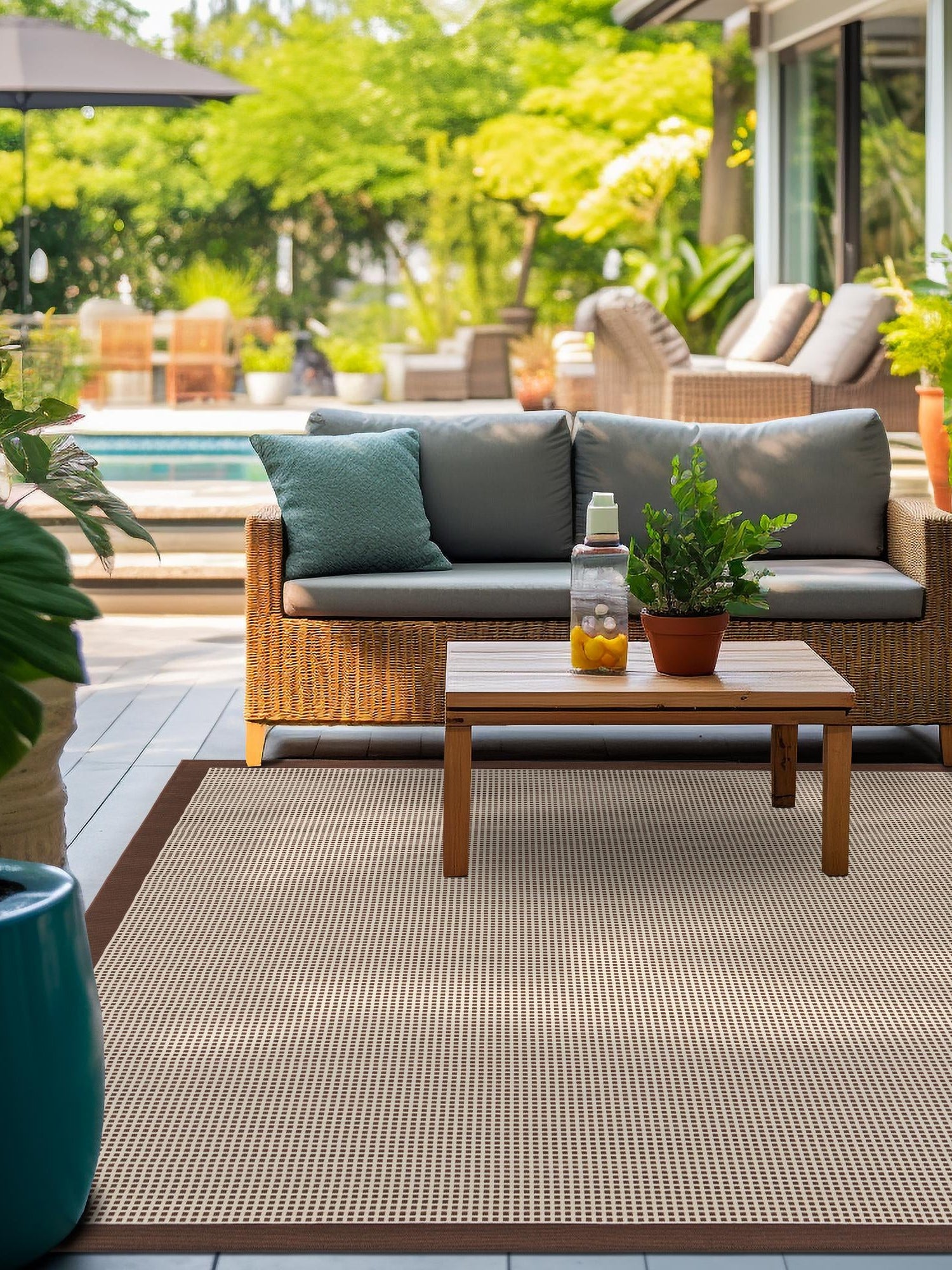 Brown 7' 10 x 7' 10 Outdoor Border Square Area Rug Weather Resistant for Patio, Deck, Terrace, Balcony, Porch 100% Polypropylene Classic Bordered Carpet for Sale at Rug Engine