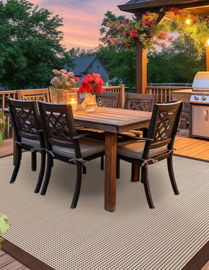 Brown 10' x 10' Outdoor Border Square Area Rug Weather Resistant for Patio, Deck, Terrace, Balcony, Porch 100% Polypropylene Classic Bordered Carpet for Sale at Rug Engine