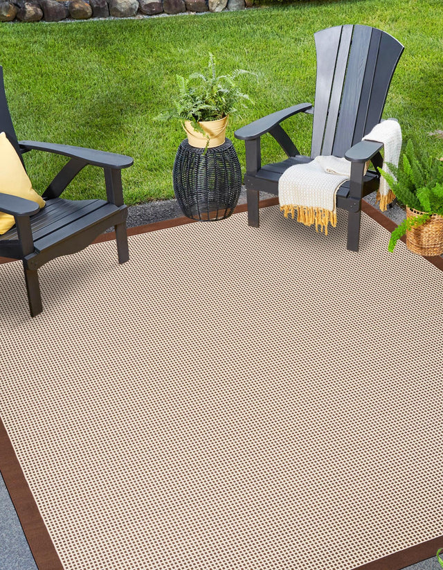 Brown 10' x 10' Outdoor Border Square Area Rug Weather Resistant for Patio, Deck, Terrace, Balcony, Porch 100% Polypropylene Classic Bordered Carpet for Sale at Rug Engine