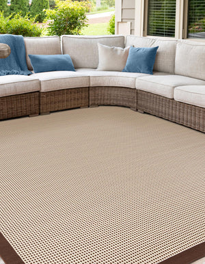 Brown 10' x 10' Outdoor Border Square Area Rug Weather Resistant for Patio, Deck, Terrace, Balcony, Porch 100% Polypropylene Classic Bordered Carpet for Sale at Rug Engine