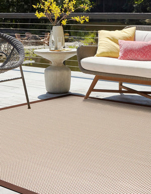 Brown 7' 10 x 7' 10 Outdoor Border Square Area Rug Weather Resistant for Patio, Deck, Terrace, Balcony, Porch 100% Polypropylene Classic Bordered Carpet for Sale at Rug Engine