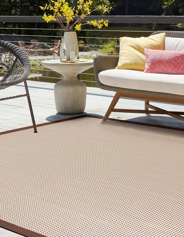 Brown 7' 10 x 7' 10 Outdoor Border Square Area Rug Weather Resistant for Patio, Deck, Terrace, Balcony, Porch 100% Polypropylene Classic Bordered Carpet for Sale at Rug Engine