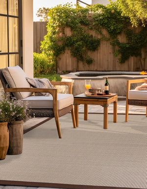 Brown 10' x 10' Outdoor Border Square Area Rug Weather Resistant for Patio, Deck, Terrace, Balcony, Porch 100% Polypropylene Classic Bordered Carpet for Sale at Rug Engine