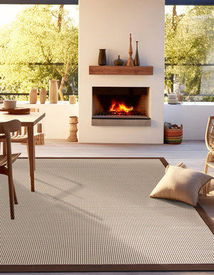 Brown 10' x 10' Outdoor Border Square Area Rug Weather Resistant for Patio, Deck, Terrace, Balcony, Porch 100% Polypropylene Classic Bordered Carpet for Sale at Rug Engine