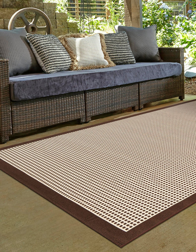 Brown 6' 1 x 9' Outdoor Border Rectangle Area Rug Weather Resistant for Patio, Deck, Terrace, Balcony, Porch 100% Polypropylene Classic Bordered Carpet for Sale at Rug Engine
