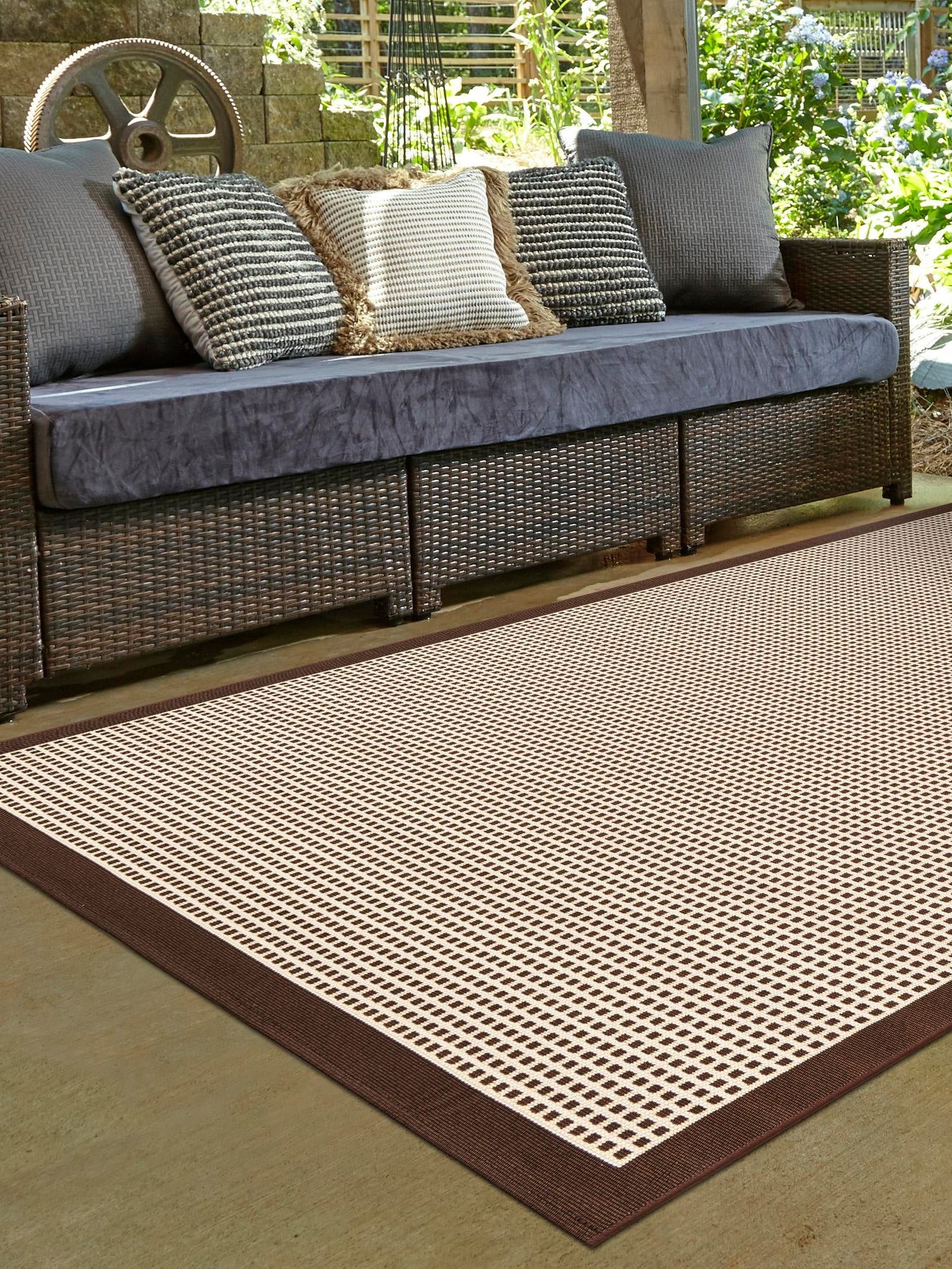 Brown 10' x 14' 1 Outdoor Border Rectangle Area Rug Weather Resistant for Patio, Deck, Terrace, Balcony, Porch 100% Polypropylene Classic Bordered Carpet for Sale at Rug Engine