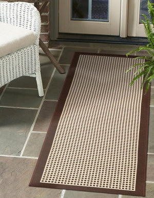 Brown 2' 7 x 12' Outdoor Border Runner Area Rug Weather Resistant for Patio, Deck, Terrace, Balcony, Porch 100% Polypropylene Classic Bordered Carpet for Sale at Rug Engine