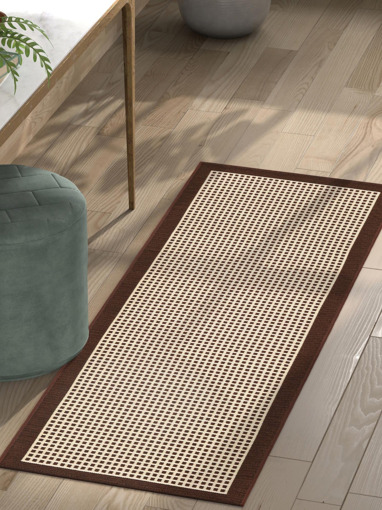 Brown 2' 7 x 12' Outdoor Border Runner Area Rug Weather Resistant for Patio, Deck, Terrace, Balcony, Porch 100% Polypropylene Classic Bordered Carpet for Sale at Rug Engine