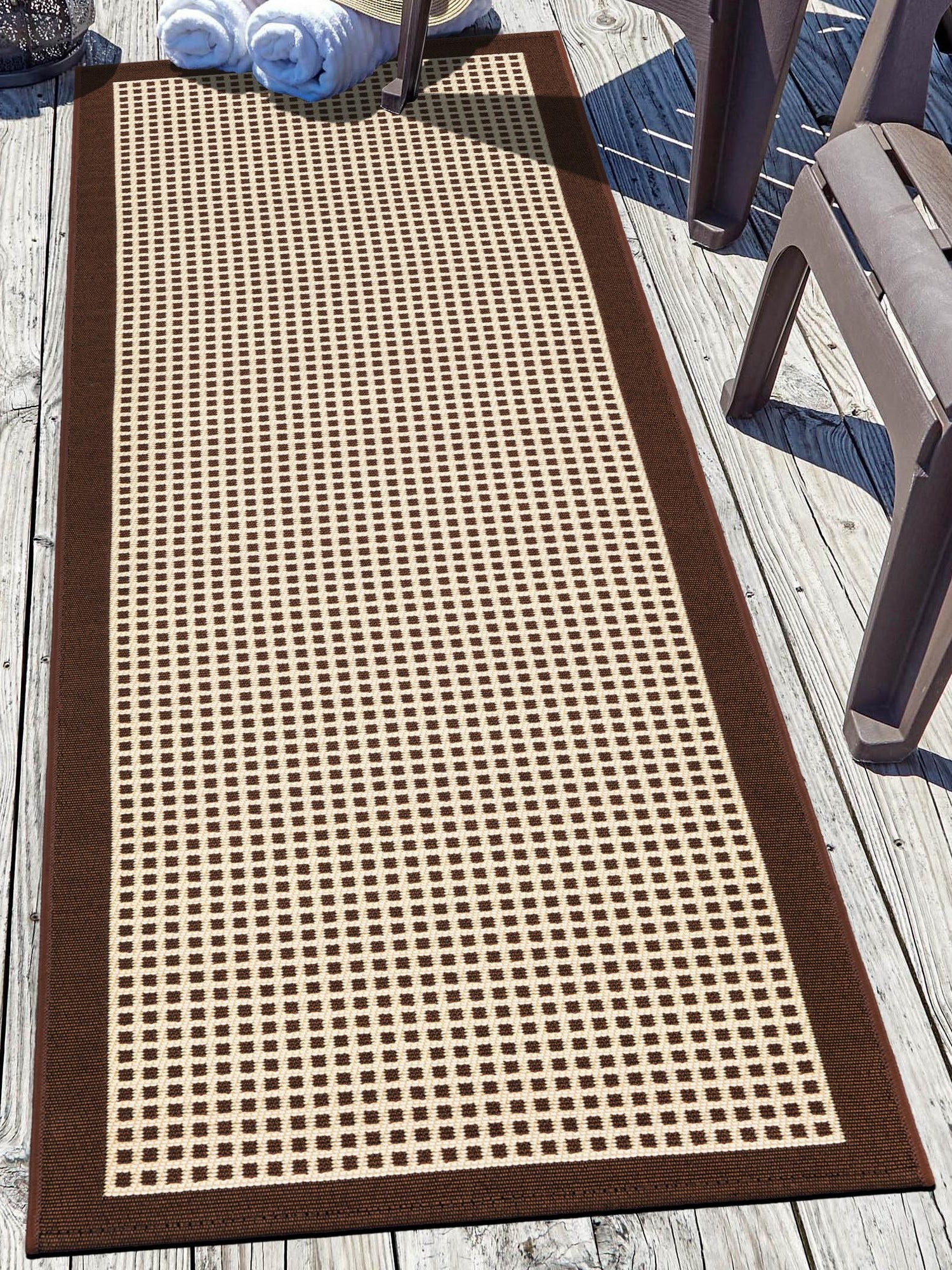 Brown 2' 7 x 10' Outdoor Border Runner Area Rug Weather Resistant for Patio, Deck, Terrace, Balcony, Porch 100% Polypropylene Classic Bordered Carpet for Sale at Rug Engine