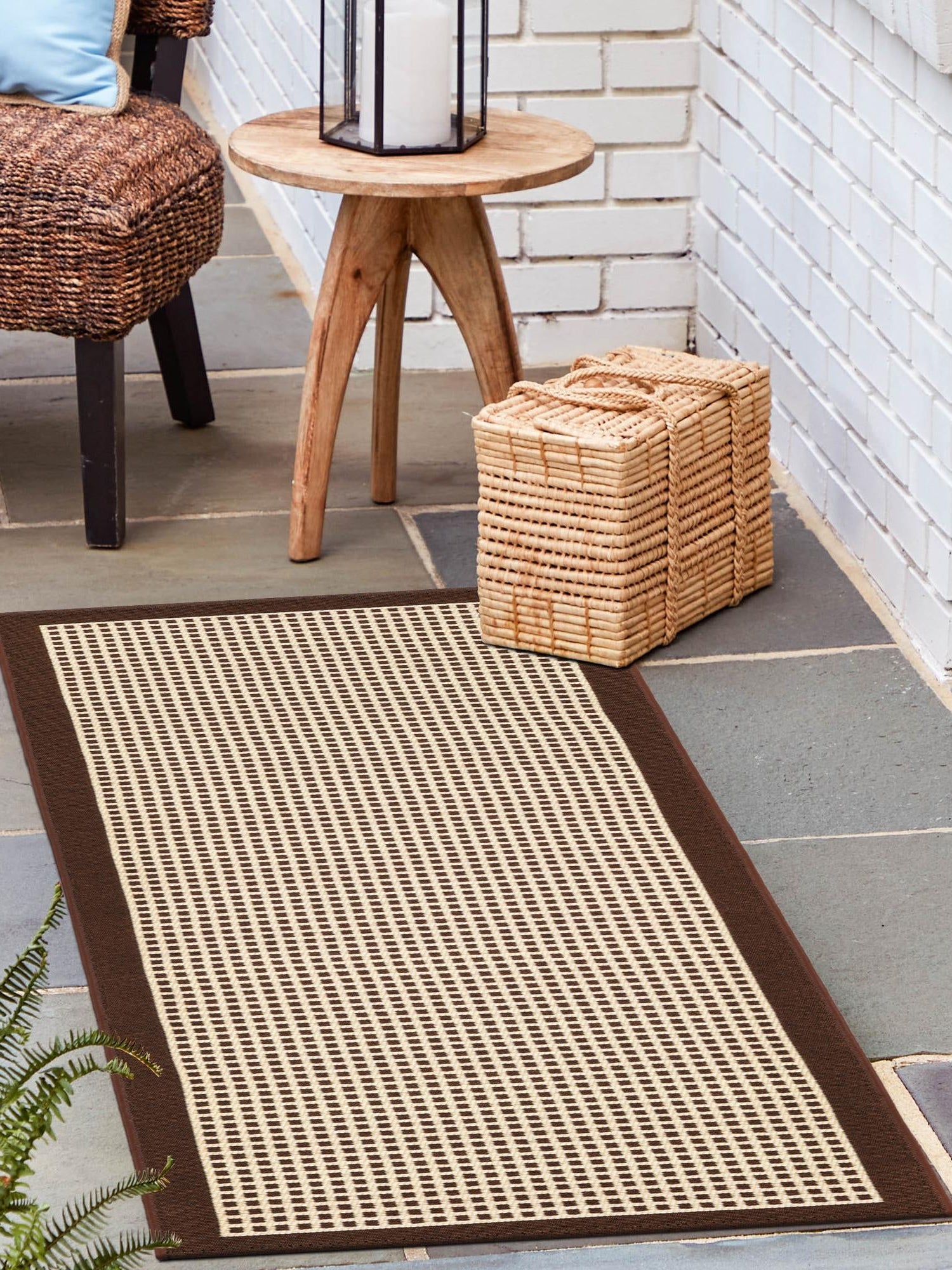 Brown 2' 7 x 10' Outdoor Border Runner Area Rug Weather Resistant for Patio, Deck, Terrace, Balcony, Porch 100% Polypropylene Classic Bordered Carpet for Sale at Rug Engine