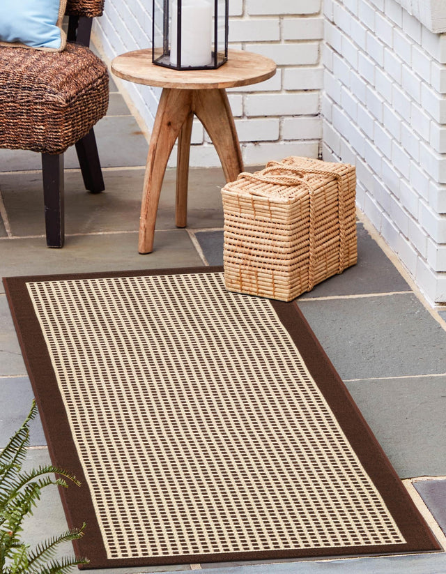 Brown 2' 7 x 10' Outdoor Border Runner Area Rug Weather Resistant for Patio, Deck, Terrace, Balcony, Porch 100% Polypropylene Classic Bordered Carpet for Sale at Rug Engine
