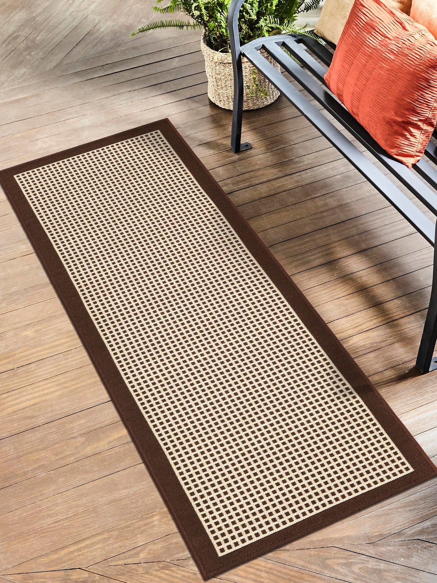 Brown 2' 7 x 12' Outdoor Border Runner Area Rug Weather Resistant for Patio, Deck, Terrace, Balcony, Porch 100% Polypropylene Classic Bordered Carpet for Sale at Rug Engine