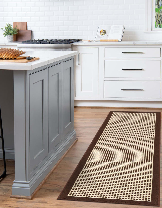 Brown 2' 7 x 10' Outdoor Border Runner Area Rug Weather Resistant for Patio, Deck, Terrace, Balcony, Porch 100% Polypropylene Classic Bordered Carpet for Sale at Rug Engine