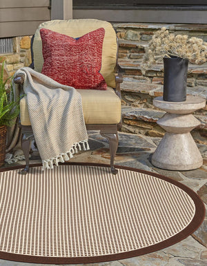 Brown 5' 1 x 5' 1 Outdoor Border Round Area Rug Weather Resistant for Patio, Deck, Terrace, Balcony, Porch 100% Polypropylene Classic Bordered Carpet for Sale at Rug Engine