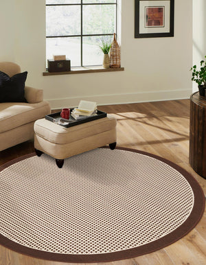 Brown 7' 10 x 7' 10 Outdoor Border Round Area Rug Weather Resistant for Patio, Deck, Terrace, Balcony, Porch 100% Polypropylene Classic Bordered Carpet for Sale at Rug Engine