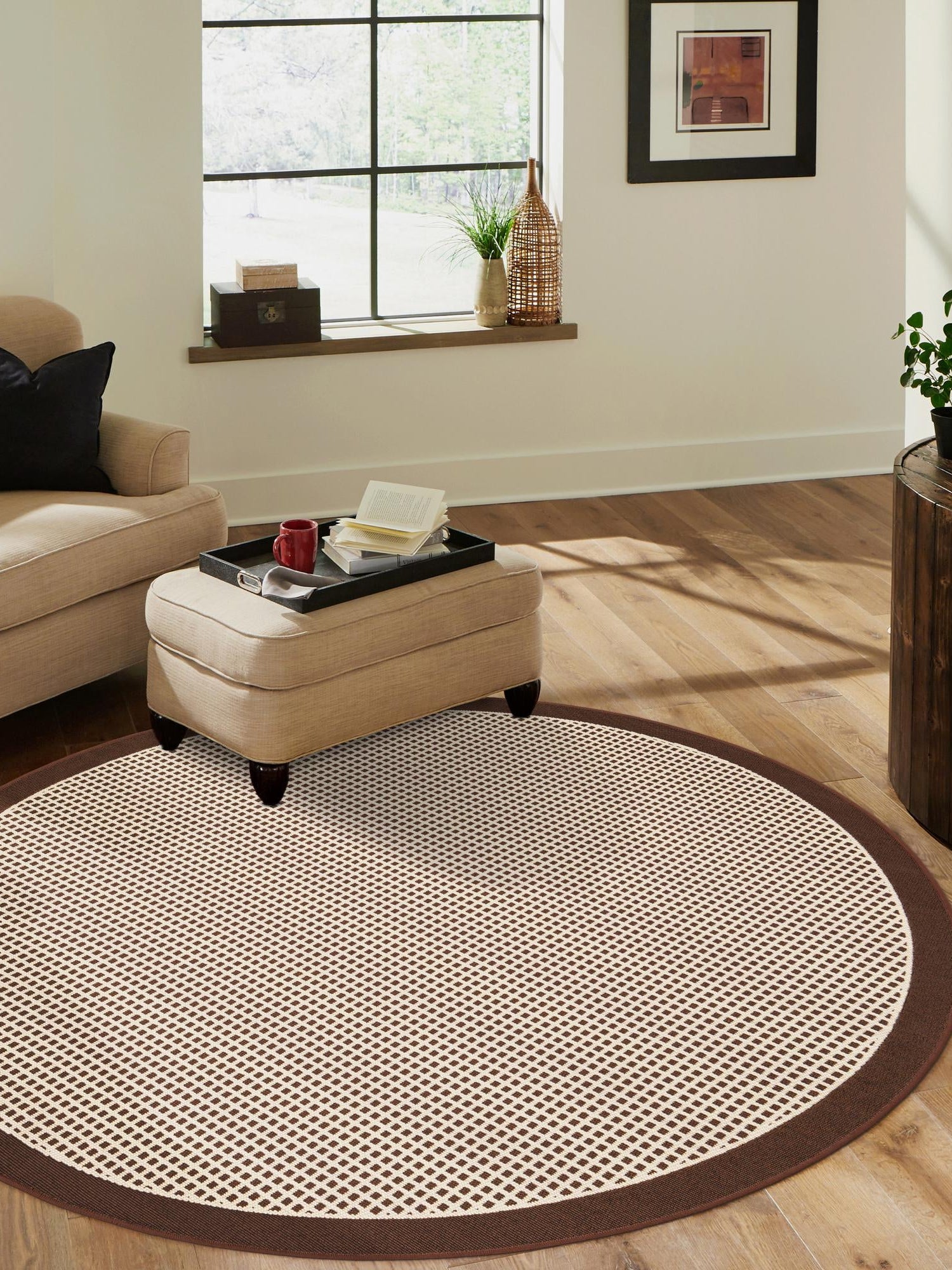 Brown 3' 1 x 3' 1 Outdoor Border Round Area Rug Weather Resistant for Patio, Deck, Terrace, Balcony, Porch 100% Polypropylene Classic Bordered Carpet for Sale at Rug Engine