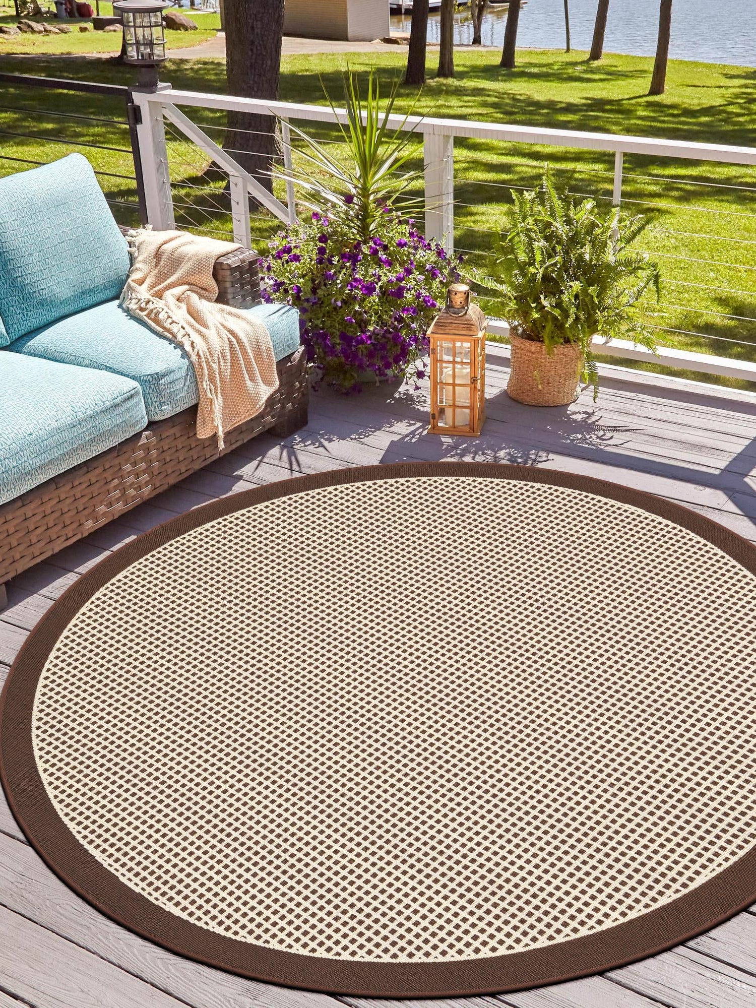 Brown 4' 1 x 4' 1 Outdoor Border Round Area Rug Weather Resistant for Patio, Deck, Terrace, Balcony, Porch 100% Polypropylene Classic Bordered Carpet for Sale at Rug Engine
