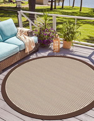 Brown 4' 1 x 4' 1 Outdoor Border Round Area Rug Weather Resistant for Patio, Deck, Terrace, Balcony, Porch 100% Polypropylene Classic Bordered Carpet for Sale at Rug Engine
