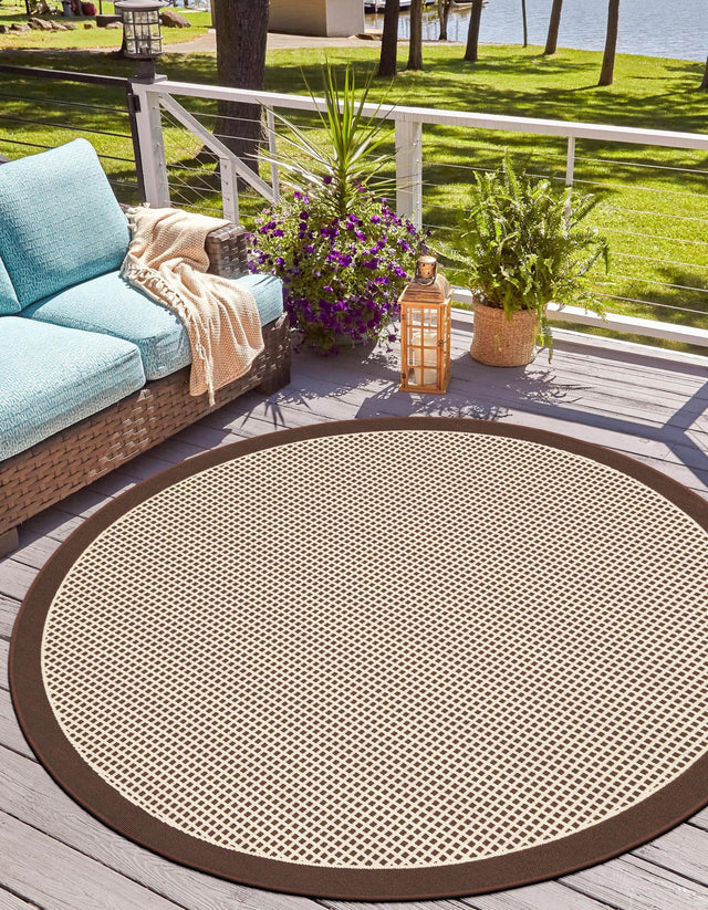 Brown 4' 1 x 4' 1 Outdoor Border Round Area Rug Weather Resistant for Patio, Deck, Terrace, Balcony, Porch 100% Polypropylene Classic Bordered Carpet for Sale at Rug Engine