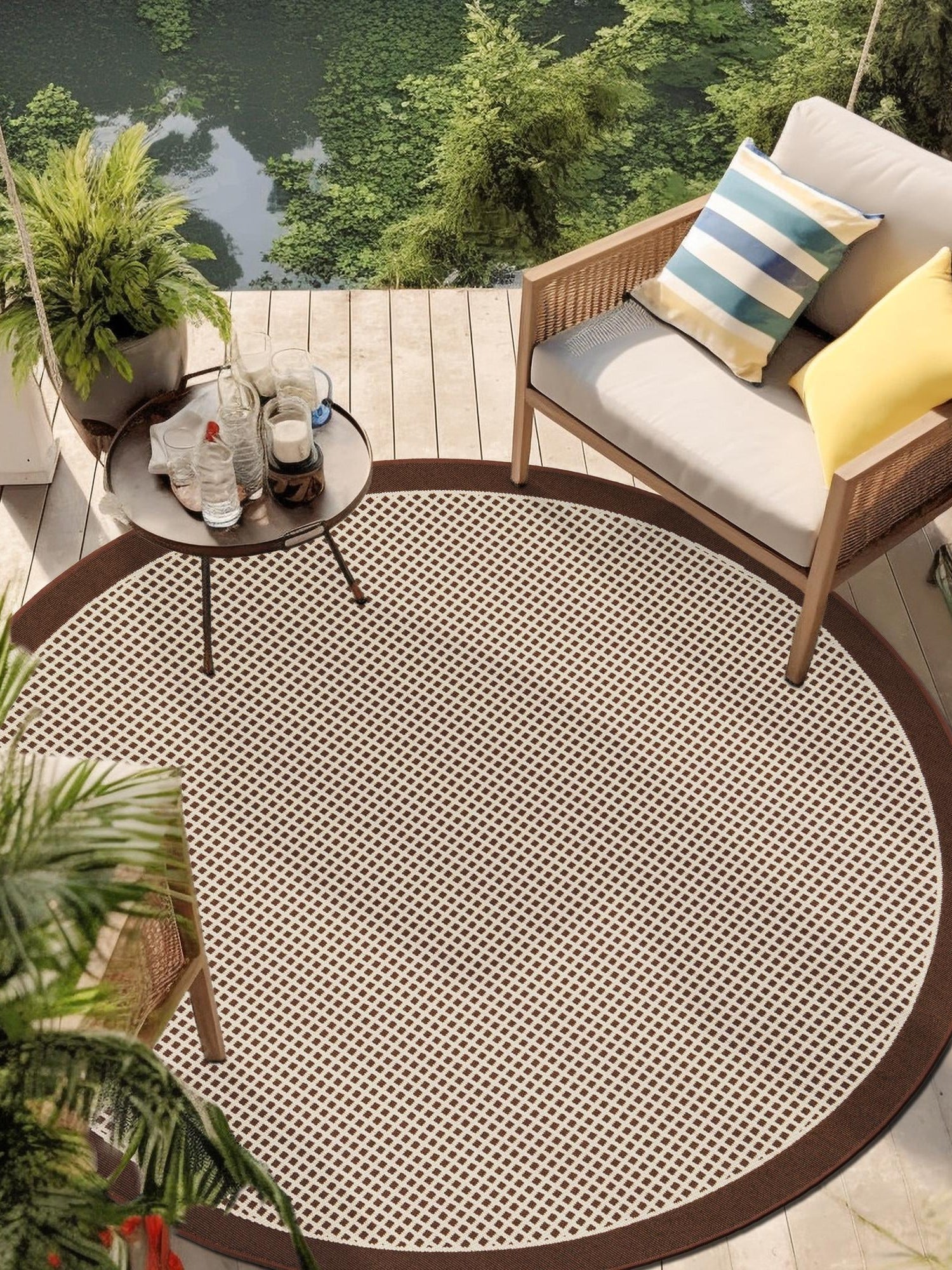 Brown 5' 1 x 5' 1 Outdoor Border Round Area Rug Weather Resistant for Patio, Deck, Terrace, Balcony, Porch 100% Polypropylene Classic Bordered Carpet for Sale at Rug Engine