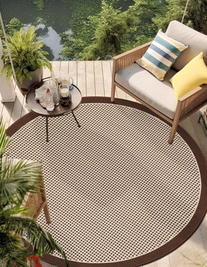 Brown 3' 1 x 3' 1 Outdoor Border Round Area Rug Weather Resistant for Patio, Deck, Terrace, Balcony, Porch 100% Polypropylene Classic Bordered Carpet for Sale at Rug Engine
