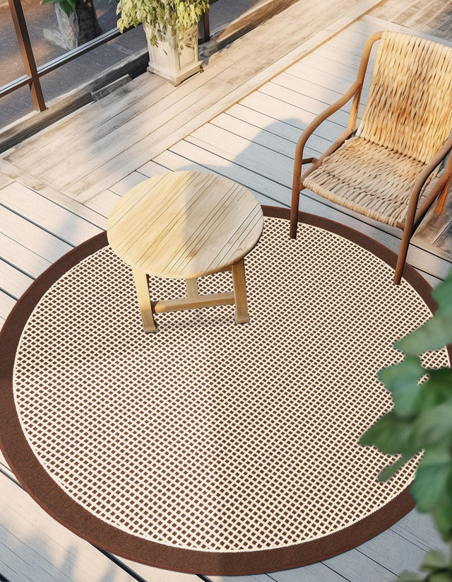 Brown 4' 1 x 4' 1 Outdoor Border Round Area Rug Weather Resistant for Patio, Deck, Terrace, Balcony, Porch 100% Polypropylene Classic Bordered Carpet for Sale at Rug Engine