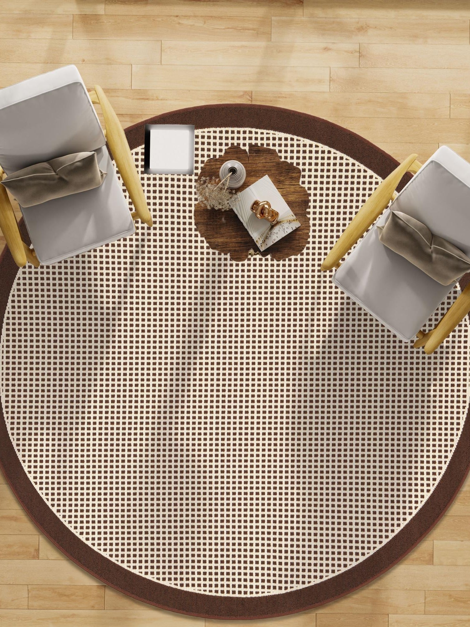Brown 4' 1 x 4' 1 Outdoor Border Round Area Rug Weather Resistant for Patio, Deck, Terrace, Balcony, Porch 100% Polypropylene Classic Bordered Carpet for Sale at Rug Engine