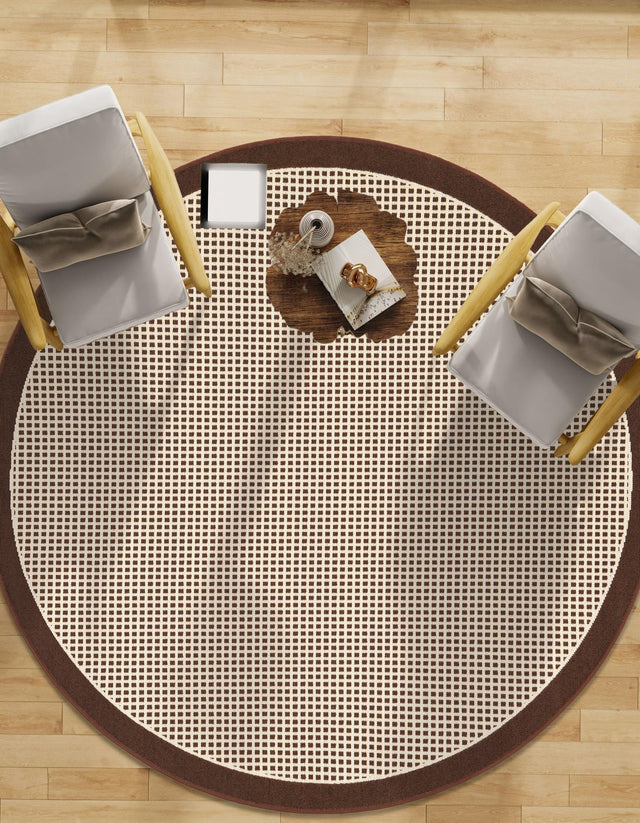 Brown 4' 1 x 4' 1 Outdoor Border Round Area Rug Weather Resistant for Patio, Deck, Terrace, Balcony, Porch 100% Polypropylene Classic Bordered Carpet for Sale at Rug Engine